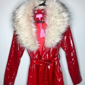 Red latex fur trimmed coat